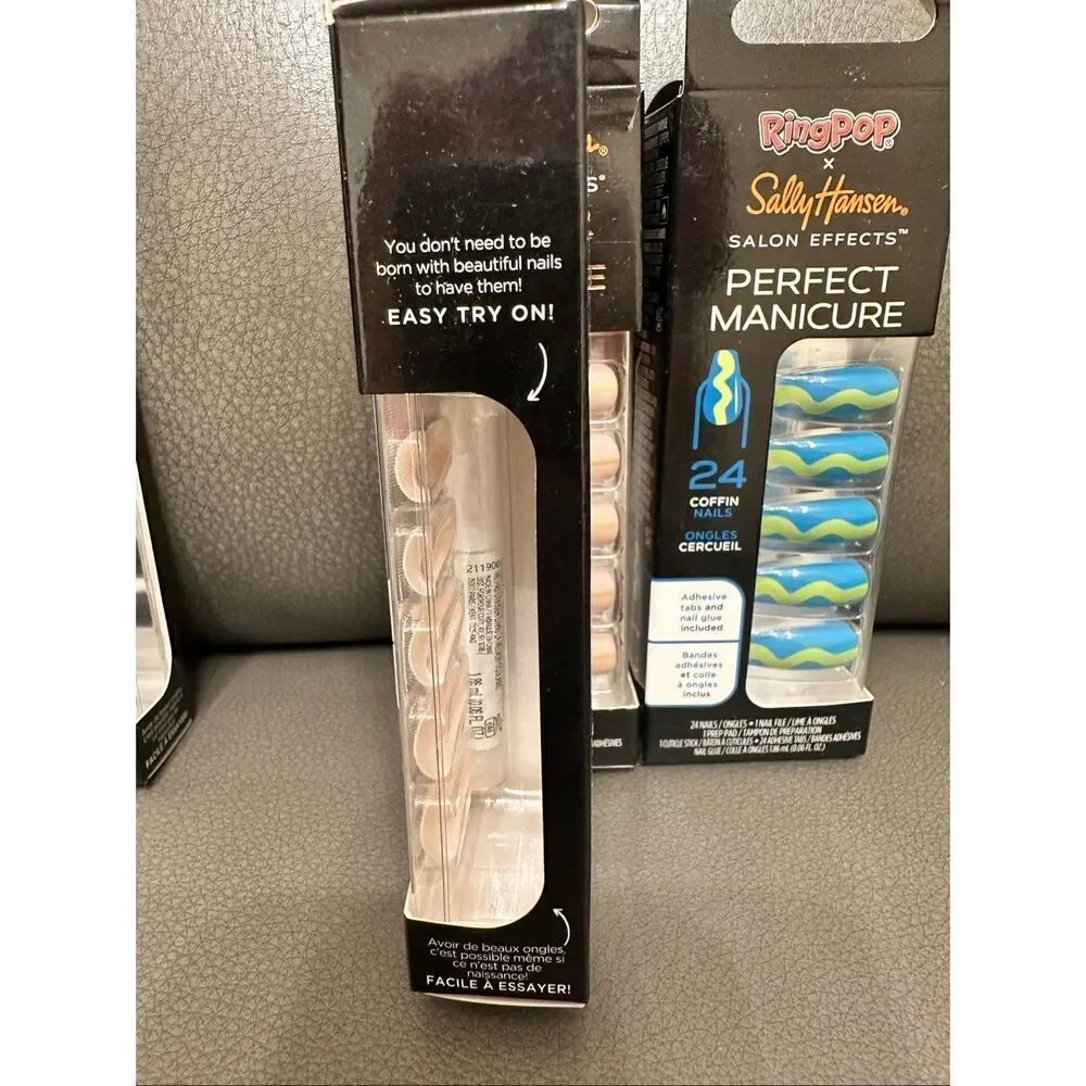 Sally Hansen Ring Pop Green and Blue and French Tip Coffin Shape Nails New